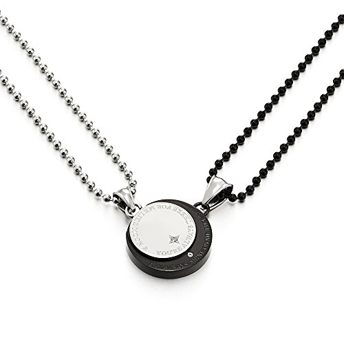 COOLSTEELANDBEYOND A Pair Couples Lovers Steel Moon and Sun Pendant Necklace with Cubic Zirconia for Man Woman Friends2