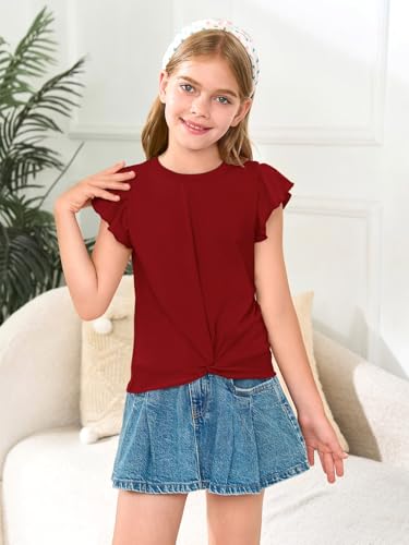Image of Haloumoning Girls Ruffle Sleeve T Shirts Summer Crewneck Shirt 5-14 Years