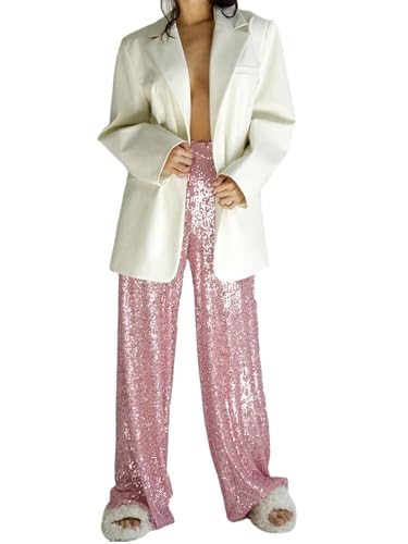 Fiacafyo Womens Sexy Sparkly Sequin Pants Casual Elastic High Waist Straight Wide Leg Glitter Palazzo Pants Y2K Streetwear (C-Pink, M)