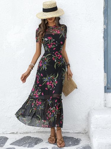 Image of GothDark Women's Summer Floral Mesh Ruffle Dress Short Sleeve Round Neck Waist Cinched Casual Maxi Wedding Guest Dresses