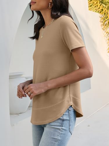 Image of ANRABESS Womens Waffle Knit Tops Short Sleeve Crewneck Shirts Curved Hem Summer Dressy Casual Blouses Spring Fashion Clothing