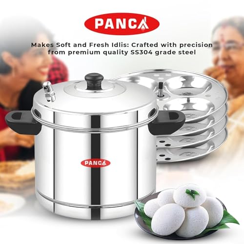 Image of PANCA Stainless Steel Idli Maker 4 Plates | 16 Idlies Steamer for Home Kitchen | Heavy Duty Idli Cooker 15 Litre with Induction & Gas Compatible Base | Multi-Purpose Cookware Pot 4 Plate Idli Maker (4 Plate Idli Cooker)