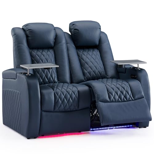 Image of Weilianda Home Theater Seating, Top Grain Leather Movie Theater Chair | Blue Row of 2 Loveseat, Zero Gravity, Power Headrest, Tray Table, Electric Reclining Seat for Media Room