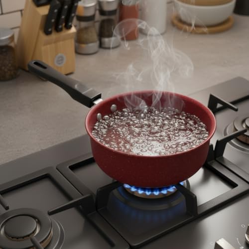 Image of LAZYwindow Baby Sauce Pan /Fry Pan 17cm with Tea Strainer, Maroon | Fine-mesh strainer allows quick filtering for tea and beverages