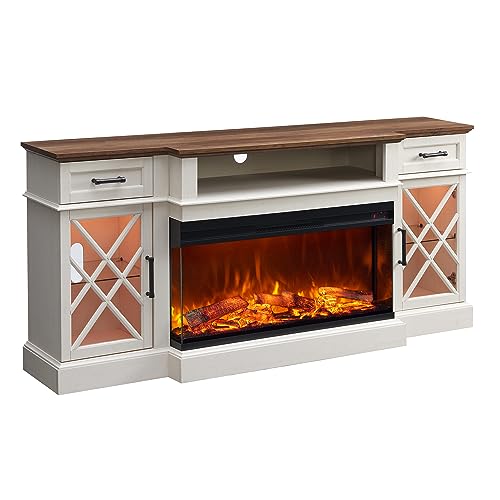 OKD-Farmhouse-TV-Stand-with-Fireplace-70-Entertainment-Center-Stand-with-36-3-Sided-Glass-Electric-Fireplace-for-TVs-Up-to-80-in-with-2-Drawers-2-Storage-Cabinet-for-Living-Room-Antique-White OKD Farmhouse TV Stand with Fireplace 70 Entertainment Center Stand with 36 3 Sided Glass Electric Fireplace for TVs Up to 80 in with 2 Drawers 2 Storage Cabinet for Living Room Antique White