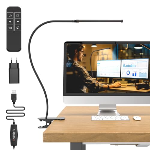Mojimdo Lampe de Bureau 77 LED dimmable avec Télécommande [3 Températures Couleur et 10 Niveaux Luminosité] Col de Cygne Flexible 70cm avec Chargeur USB, Lampe de...