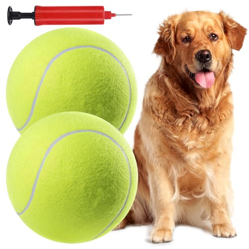 Lotvic Giant Tennis Ball 2 Pcs 24cm / 9.5 Large Tennis Balls for Dogs Inflatable Dog Tennis Balls with Air Pump Oversize Large Tennis Ball for Dogs Indoor Outdoor Beach Sports