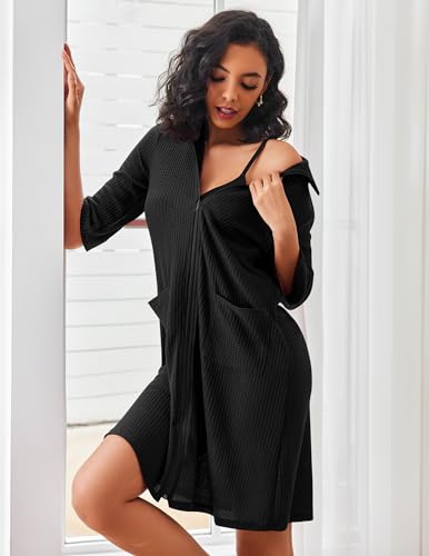 Ekouaer Zipper Robes for Women Waffle Knit Bathrobes Short Lightweight Knee Length Loungewear with Pockets S-XXL2
