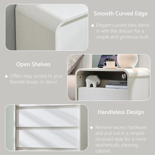 Image of Aitjunz 25 inch Tall Modern Nightstand with Charging Station, 23.6'' Wide Wood Bedside Table w /2 Storage Drawers, Large Mid Century End Table for Bedroom, Living Room, Curved Profile Design, White