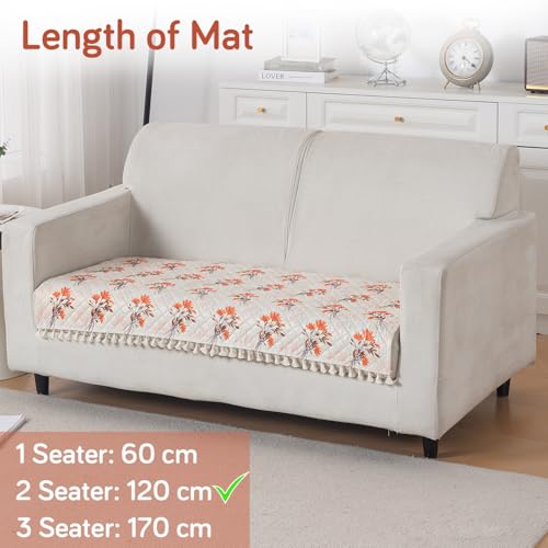 Image of HOKIPO Autumn Blossom 2 Seater Quilted Sofa Cover Mat with Tassels 'Tassel Twigs' Series (IN-983-T5)