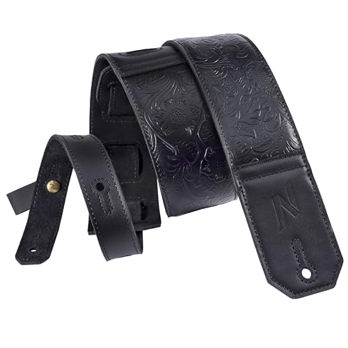 Nefelibata Correas de Guitarra,2.3' de ancho de cuero esculpido con acolchado suave para guitarra baja, eléctrica y acústica (Ferroso)