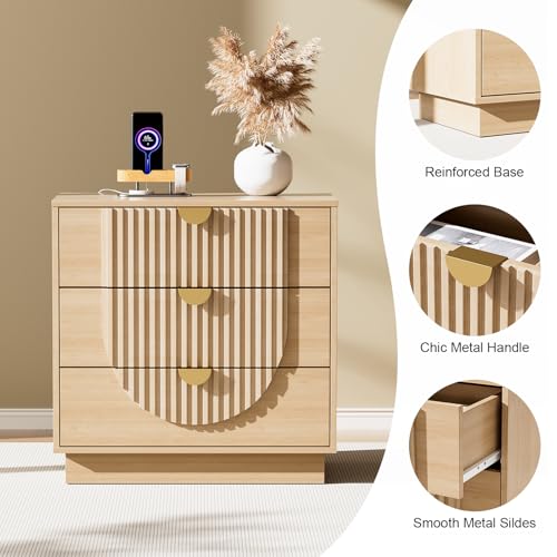 Image of 3 Drawer Nightstand with Charging Station,28 inch Fluted Night Stand & Modern Bedside Table, Wood End Table Storage Cabinet for Bedroom Hallway, Entryway,Caramel Brown Set of 2