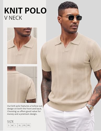 Image of COOFANDY Mens Knit Polo Shirts V Neck Textured Polo Shirts Short Sleeve Breathable Polo Casual Collared T Shirt Fashion Tops