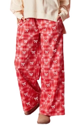 Women Holiday Plaid Wide Leg Baggy Trousers Cute Valentines Bow Print Elastic Waist High Rise Loose Pants with