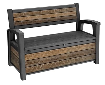 Keter Signature 60 Gallon Storage Bench Deck Box for Patio Furniture, Front Porch Decor and Outdoor Seating – Perfect to Store Garden Tools, Walnut