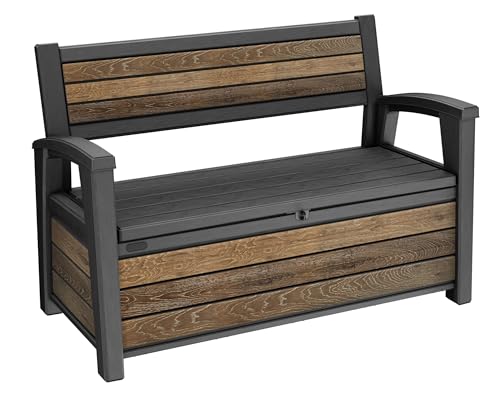 Keter Signature 60 Gallon Storage Bench Deck Box for Patio Furniture, Front Porch Decor and Outdoor Seating – Perfect to Store Garden Tools, Walnut