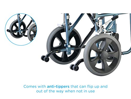 Nova Heavy Duty Bariatric Transport Chair With 400 Lb. Weight Capacity, 22” Extra-Wide Seat With Locking Hand Brakes, Flip Up Arms (For Easy Transfer), Anti-Tippers, 12” Rear Wheels, Color Blue #TOP3