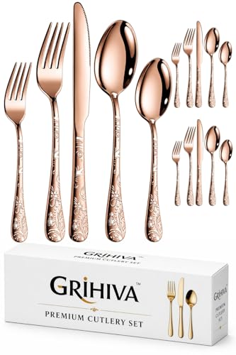 Image of 15 Pcs Rosegold Floaral Stainless Steel Cutlery Set for Dining Table with Spoons and Forks Set + Butterknives - The Perfect Tableware /Flatware