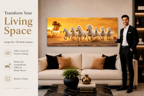 Image of 7 Horse Vastu Sunrise Canvas Painting | Positive Energy Wall Decor | Big Size Premium Running Horses Artwork for Home, Office & Hall Decoration (Modern, Sky Horse, 44x20 Inch)