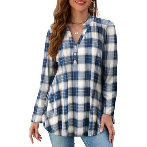 MONNURO Women's Plus Size Tops Henley V Neck Long Sleeve Button Down Shirts Blouses(blue white khaki,3X) Cover