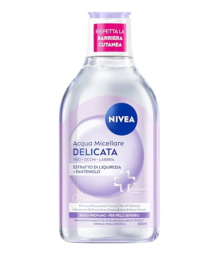 NIVEA Acqua Micellare Delicata 400 ml, Struccante viso e occhi e labbra per make-up e SPF, Con Liquirizia e Pantenolo, Senza profumo, Formula ipoallergenica, Detergente viso pelle sensibile