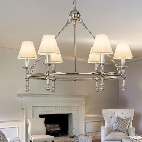 ALOADECOR 6-Light W34in Nickel & White Fabric Chandelier