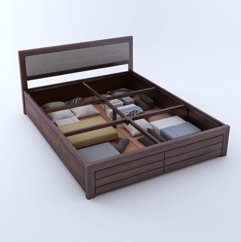 Image of Ganpati Arts Sheesham Wood Euro King Size Bed with Box Storage for Bedroom | Wooden Double Bed Cot Palang Furniture for Living Room, Home and Hotel (Walnut Finish)