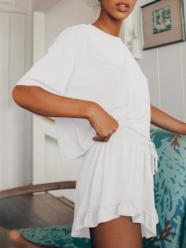 Tankaneo Womens Pajamas Set Lounge Sets Cropped Short Sleeve T Shirts Drawstring Ruffle Shorts Soft Sleepwear4