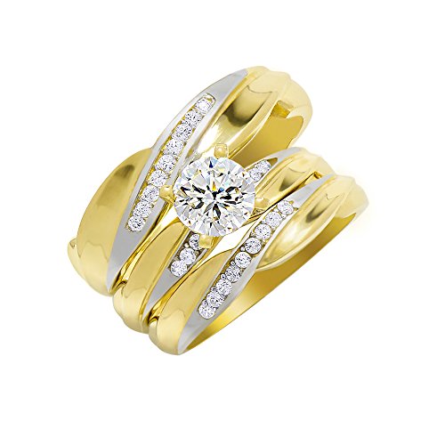 14k Two Tone Gold Round Cubic Zirconia Bridal Wedding Trio Ring Set (1.0 cttw) - Style 1