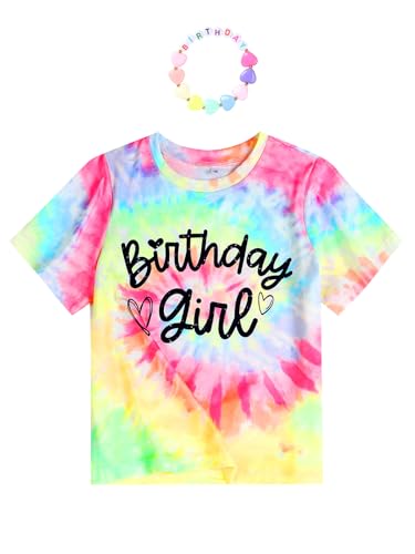 JZyangmei Birthday Girl Shirt Birthday Party T-Shirt Outfit Short Sleeve Tie Dye 7 6th Shirt Girl with Letter Beads