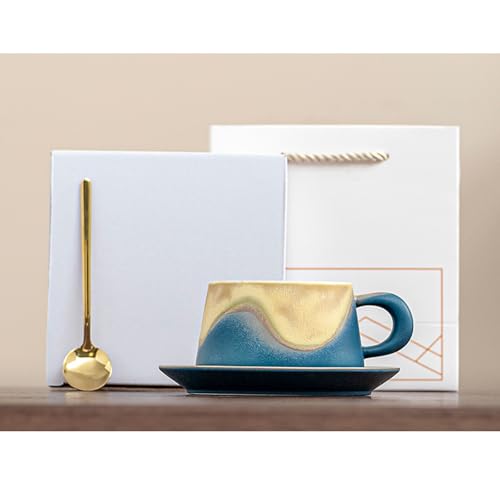 MiniMoodセラミックコーヒーカップ&ソーサーセット、ゴールドスプーン付き、ギフトボックス入り (青)