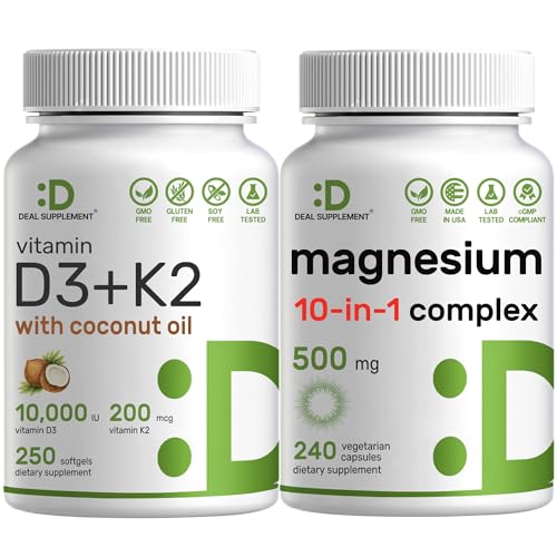 DEAL SUPPLEMENT Vitamin D3 10,000iu + K2 200mcg Softgels & Magnesium Complex Veggie Capsules Bundle – Essential Sunshine Vitamins with Coconut Oil – High Absorption Chelated Minerals, 10-in-