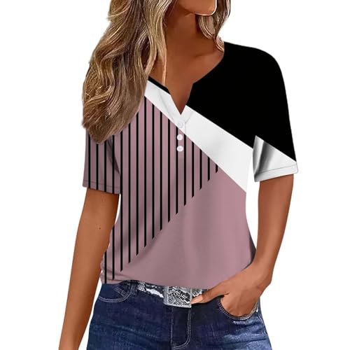 Blusa feminina gola V Henley verão patchwork abotoada manga curta casual solta confortável para sair