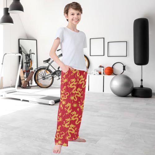 Boy's Pants Gold Dragon Fire Ball Red Jogger Pants Elastic Waist Long Bottoms Trousers with Pockets 6-14 Years 6