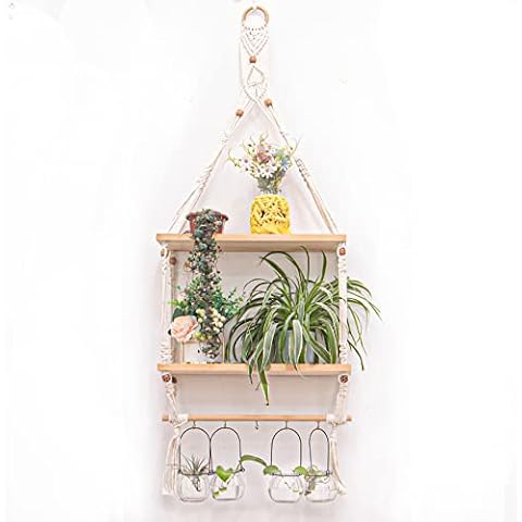 TENEWEE Wall Hanging Shelves Macrame Boho Floating Plant Photos Storage Rack Wood Shelf with Hooks for Bedroom Living Room Bathroom (2tier Shelves) Cover