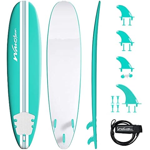 Wavestorm-15th Anniversary Edition Soft Top Foam 8ft Surfboard | for Beginners and All Levels | Includes Accessories | Leash and Multiple Fin Options, Turquoise pinline Cover