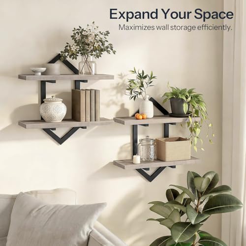 Image of HOOBRO Floating Shelves, 15 Inch Wall Shelf Set of 2, Wall Mounted Storage Shelves 2-Tier, Hanging Bathroom Shelves, for Living Room, Bedroom, Bathroom, Kitchen, Greige and Black BG13BJP201