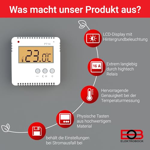 ELEKTROBOCK PT14 Digitaler Raumthermostat 230V | Ein Knopfdruck - Temperaturwechsel | kein programmieren notwendig | großes beleuchtetes LCD Display | Wandthermostat für elektrische Heizungen