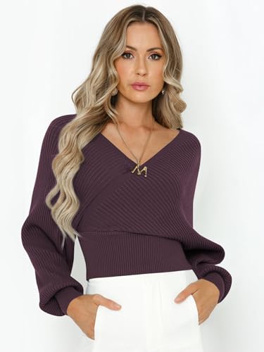 ZAFUL Women's Wrap V Neck Knit Cropped Sweater Lantern Long Sleeve Sexy Cross Ribbed Drop Shoulder Pullover Tops2