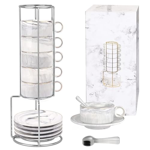La Mejor Selección de Tazas para espresso más recomendados. 43 ROZYZOA Juego de Tazas para Café, 6PCS Tazas para Café Espresso, 100 ML con Platillo y Cuchara, Apilables, Ideal para Americano, Bebidas de Chocolate, Leche, Té