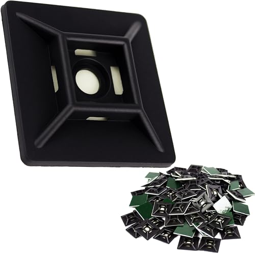 Zip Tie Adhesive-Backed Mounts 100Pk. Professional-Grade, UV Black Cable Tie Bases, 1.1 x 1.1. Screw-Hole Anchor Point Provides Optimal Strength for Long-Term Durability & Use and Clutter-Free Cables.