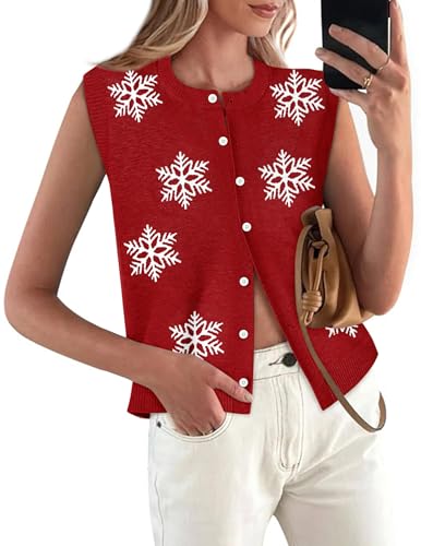 Chirstmas Sweaters for Women Sleeveless Button Up Crop Tops Knitted Cozy Holiday Sweater Vest Fashion Winter Outfits