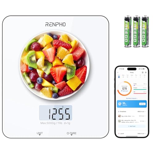 RENPHO Bilancia da Cucina Digitale, Bilancia Elettronica per Alimenti per Cottura e Caffè, Apparecchio Bilancia da Cucina per Keto, Macro, Calorie e Perdita di Peso con App per Smartphone, Bianco