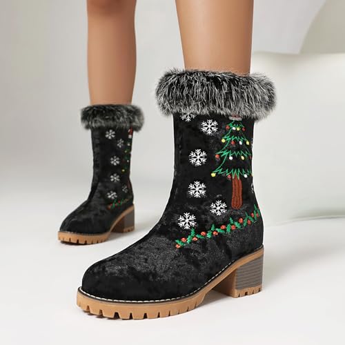 Sweet Womens Bowknot Furry Christmas Ankle Boots Chunky Heel Snow Boots3