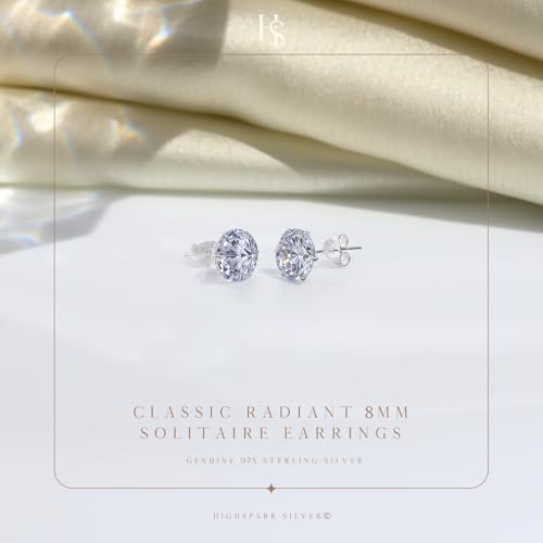 Image of HIGHSPARK 925 Silver Solitaire Stud Earrings | 92.5 Sterling Silver & Round Brilliant Cubic Zirconia Tops for Men Women
