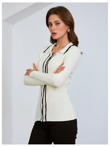 Image of Verdusa Women's Ribbed Knit Button Down Cardigan Collared Fitted Elegant Sweater Outerwear White Medium