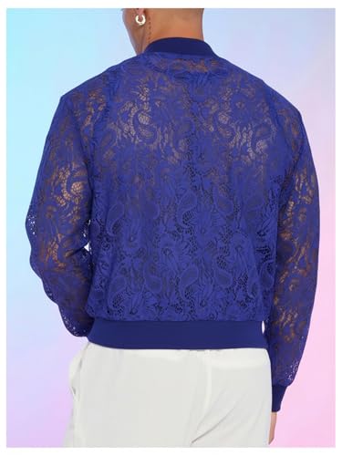 Image of WDIRARA Men's Floral Lace Bomber Jackets Long Sleeve See Through Outerwear