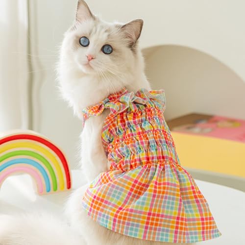 Image of HDKUW Small Dogs Dress with Bow,Chihuahua Yorkies Female Dog Clohtes,Pink Plaid Puppy Tutu Princess Dresses with Dog Bowknot,Girl Doggie Cats Skirt Outfits S