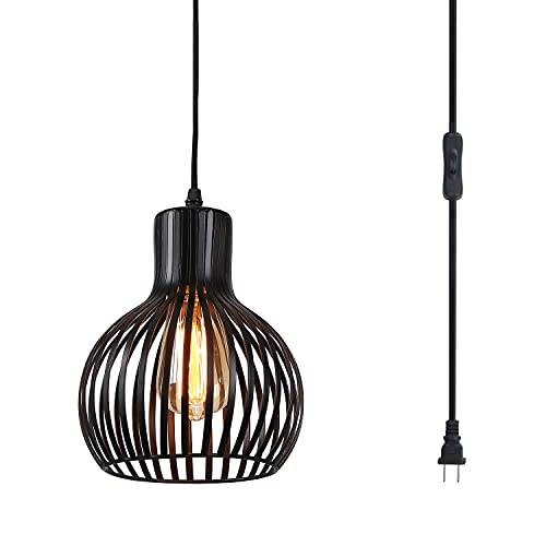 RAYMALUX Plug in Pendant Hanging Light Industrial Vintage Black Metal Cage Hanging Lignt Fixture with 14.3 FT Cord and ON/Off Switch for Kitchen Lighting,Bedroom,Living Room,Dining Hall