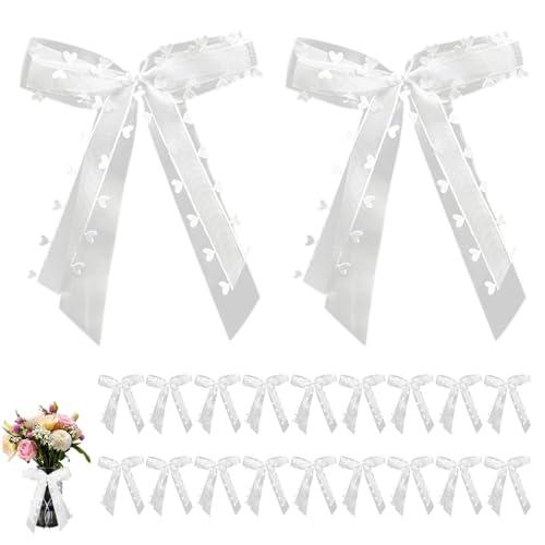 ZhouWei 20 Pièces Nœud Voiture Mariage avec Cœurs Blanc, Decoration Ruban Decoration de Mariage Voiture Nœuds à Tirer en Ruban Main Satin Facile à...